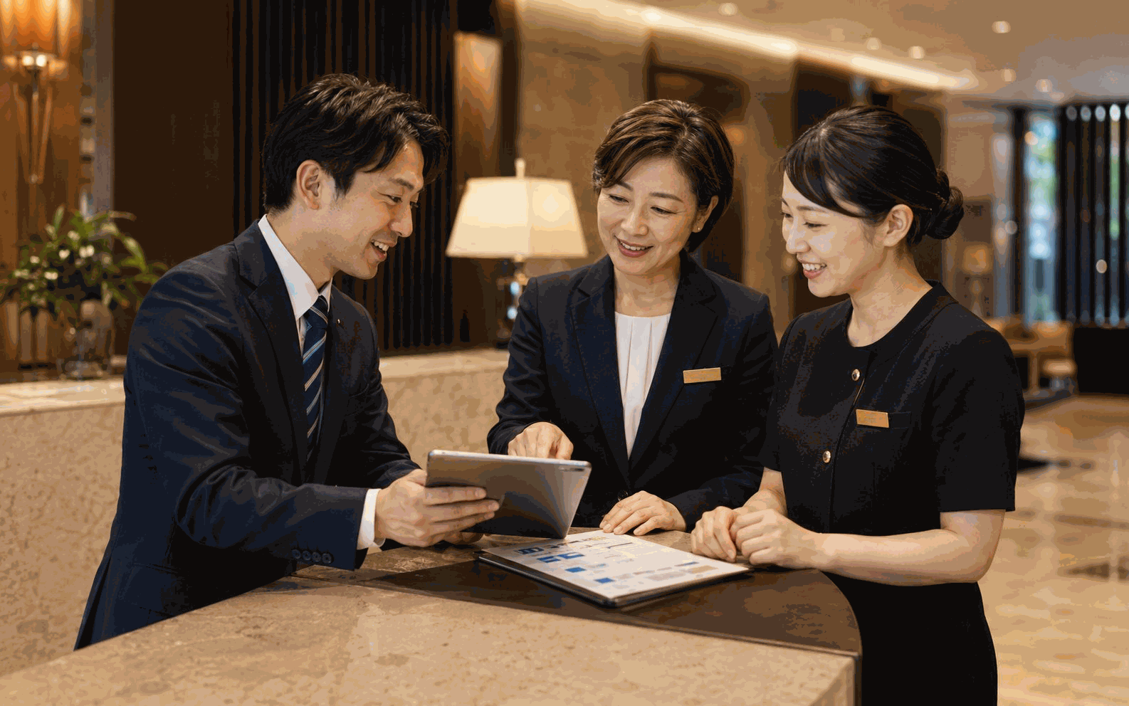 ホテルのロビーで、スタッフがタブレットを囲んで質問に答えているようす