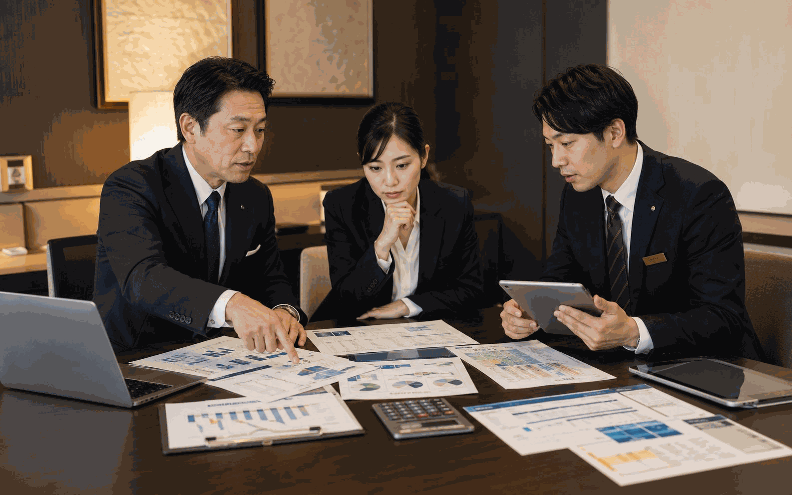 PMSや会計、Excelに散らばった数字の書類を前に、整理の打ち手を考えるホテルの経営者と支配人