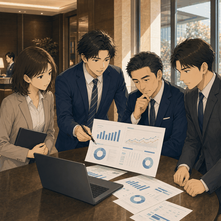 帳票を囲んで月次会議をするスタッフ